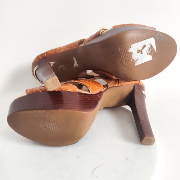 Michael Kors High Heels Size 6 T-Strap Sandals Camden Croc Embossed Camel Tan - Picture 8 of 11
